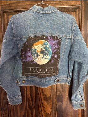 Custom Denim Jacket with Earth Graphic Patch by AHA NYC small